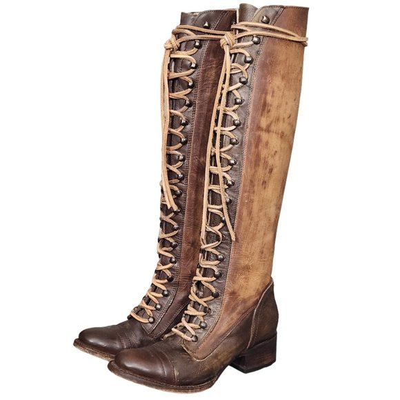 RARE FREEBIRD BY STEVEN ARLO BROWN TAN MULTI LACE UP TALL COMBAT BOOTS - Picture 3 of 9